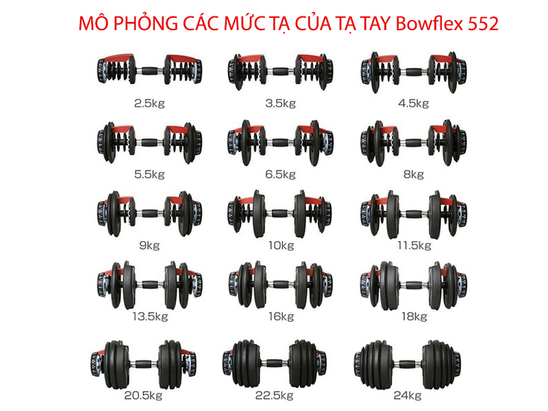 Bảng mô phỏng các mức tạ của tạ tay Bowflex 552