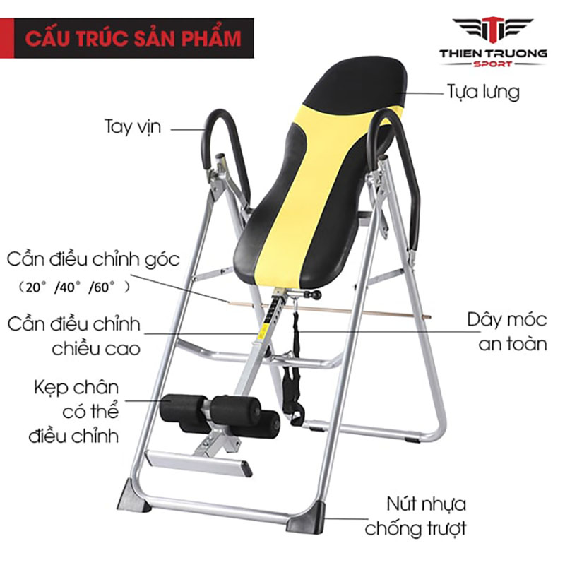 Ghế tập dốc ngược 02Q được cấu tạo đầy đủ, chắc chắn, chịu được tải trọng tối đa lên tới 136kg