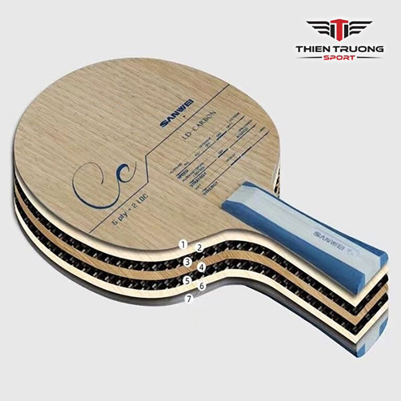 Cấu tạo cốt vợt bóng bàn Sanwei CC gồm 5 lớp gỗ + 2 lớp LD Carbon
