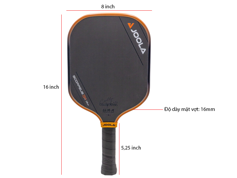 Kích thước vợt Pickleball Joola Collin Johns Scorpeus 3S 16mm