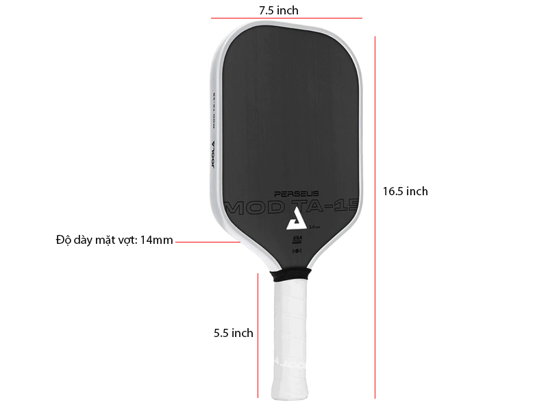 Kích thước vợt pickleball Joola Perseus 14mm Mod TA-15 Pro Player Edition
