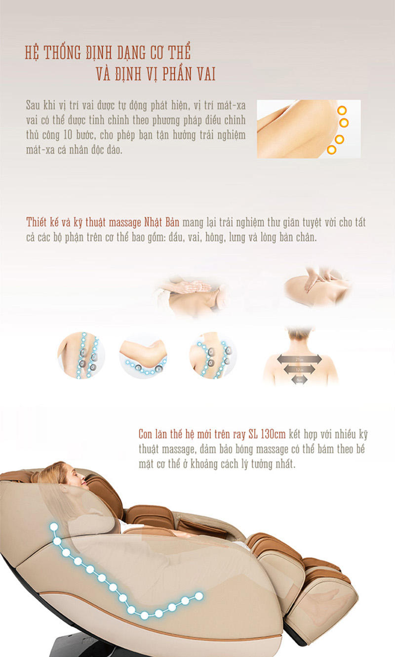 Ghế massage được trang bị trục massage S-L dài 132cm cong tự nhiên ôm sát toàn bộ cơ thể